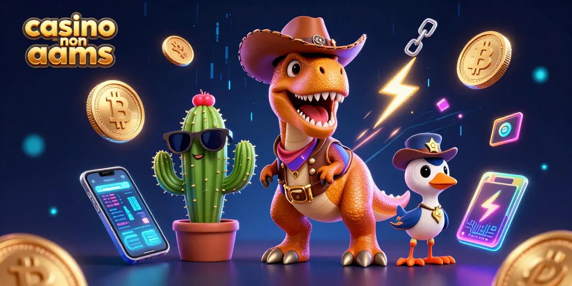 Vivi l'emozione nei casino non AAMS con una scena vibrante di un dinosauro cowboy e elementi crypto.