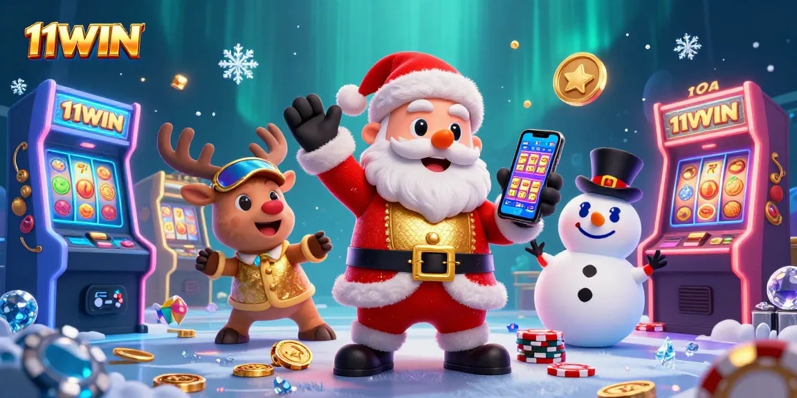 Experience thrilling jackpots with 11WIN’s festive 3D casino illustration featuring Santa, reindeer, and snowman.