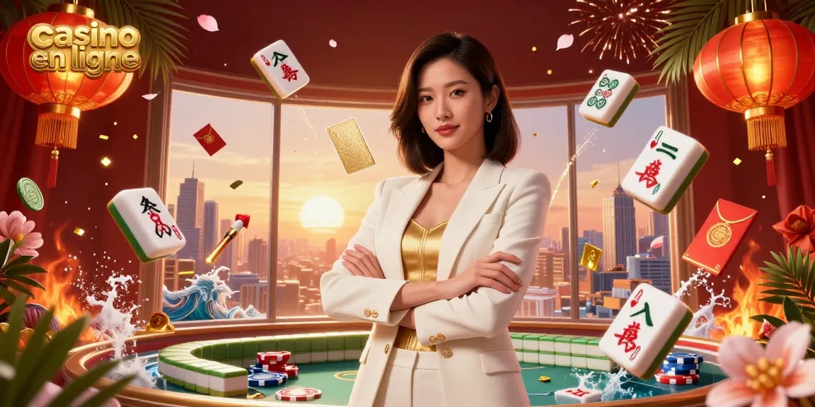 Participez à une action de casino en ligne palpitante avec une femme élégante tenant des cartes dorées dans une scène dynamique en 3D.