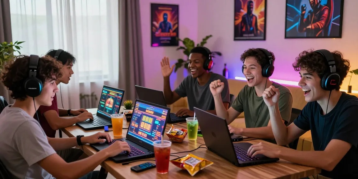 Diverse players enjoying online slots game at home, highlighting raja328 daftar's engaging gaming community.