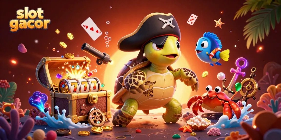 Win big with slot gacor themes featuring a pirate turtle, treasure, and vibrant casino elements.