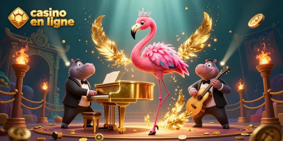 Jouez dans un casino en ligne avec cette scène animée mettant en avant une chanteuse et un musicien, entourés de pièces d'or.