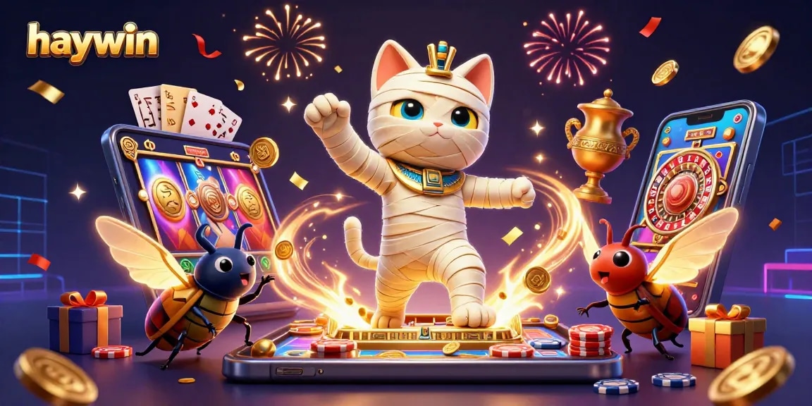 Play slots and table games at Haywin's vibrant Egyptian-themed casino illustration.