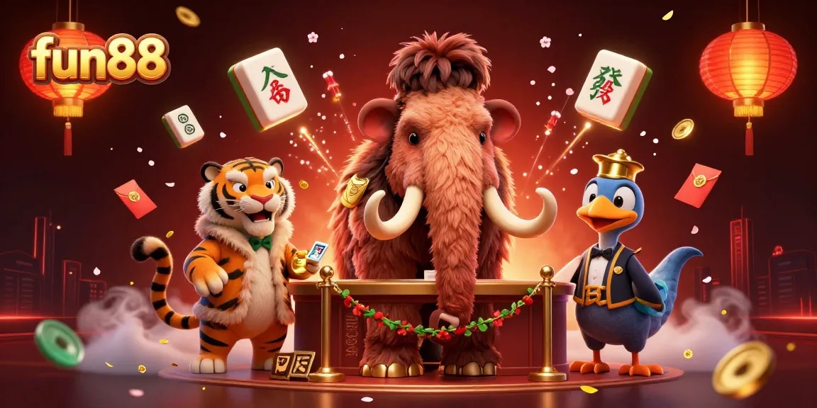 Experience fun88 with a vibrant scene featuring unique characters embracing the thrill of casino gaming.