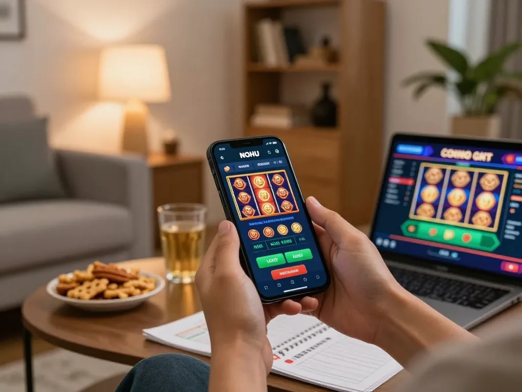 Engaging scene of online gambling with hands using the NOHU casino app on a smartphone at home.