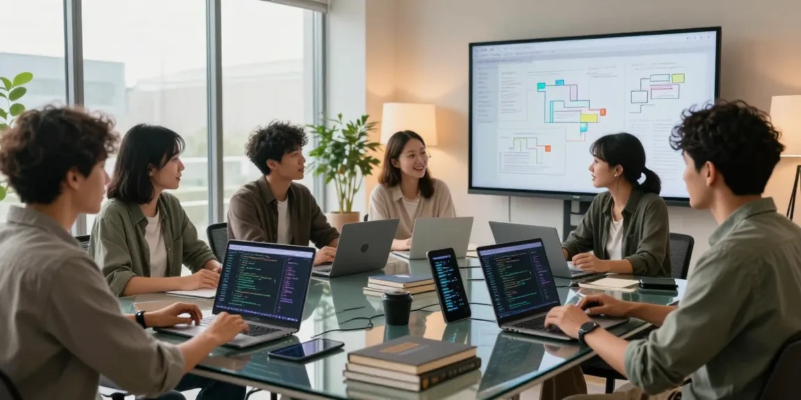 Kinetiq team collaborating in modern AI development workspace, showcasing dynamic teamwork and advanced technology.