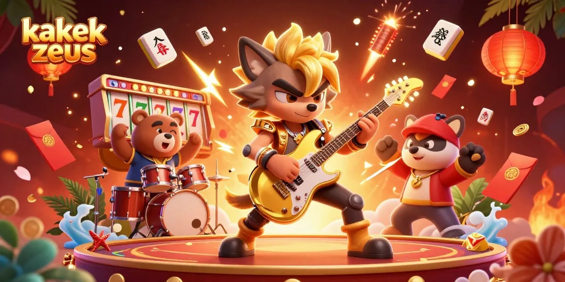 Experience exciting gaming with kakek zeus amid colorful slot reels, jackpot counters, and dynamic characters.