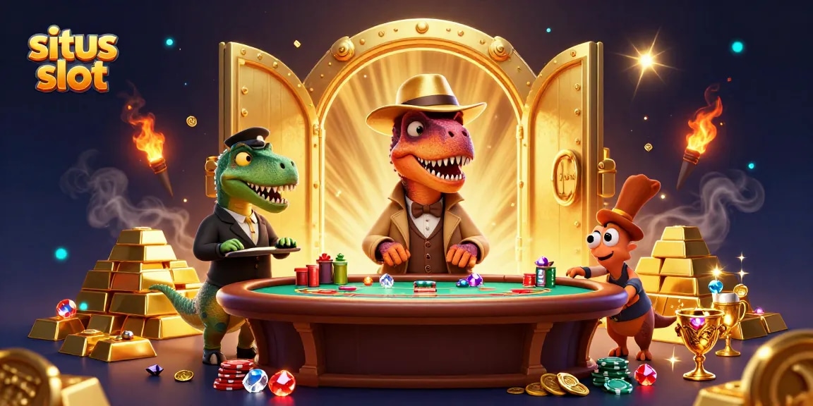 Situs slot dengan karakter kartun dinosaurus yang bermain kasino menarik perhatian di meja blackjack.