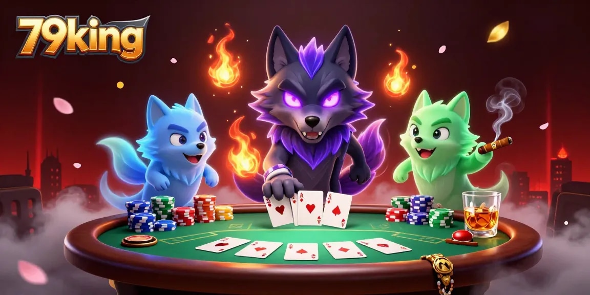 Engage with 79king's vibrant casino scene featuring wolves at a poker table, showcasing thrilling action.