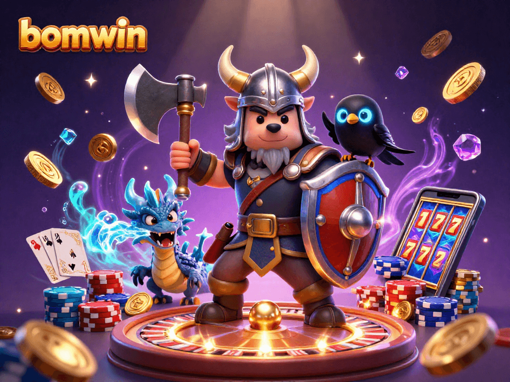 Win big with bomwin featuring a Viking warrior, a fierce dragon, and casino elements in an action-packed scene.