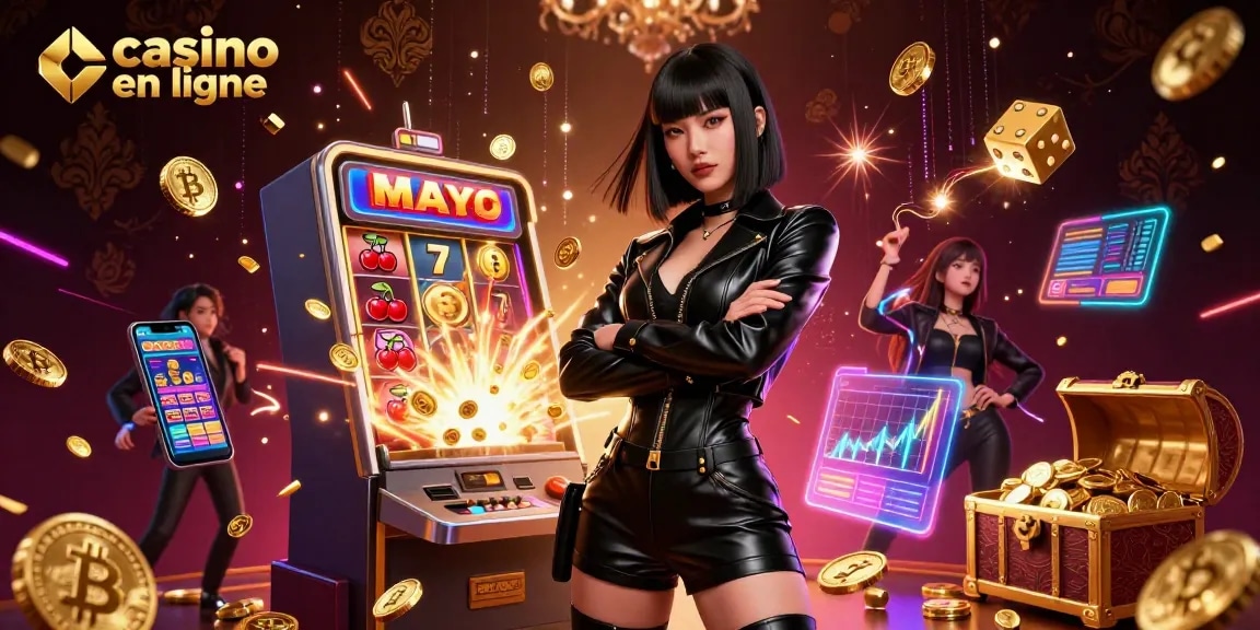 Découvrez l'excitation du casino en ligne avec des graphismes vibrants mettant en avant des jeux et des éléments Bitcoin.