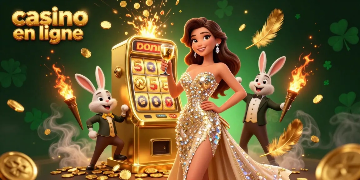 Vivez l'excitation du casino en ligne avec une magnifique dame célébrant près d'une machine à sous à jackpot.