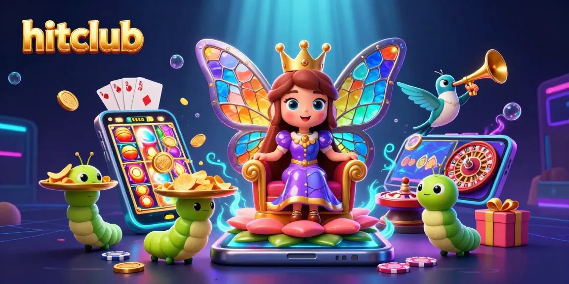 Win big with hitclub in an enchanting casino-themed 3D scene featuring vibrant characters and games.