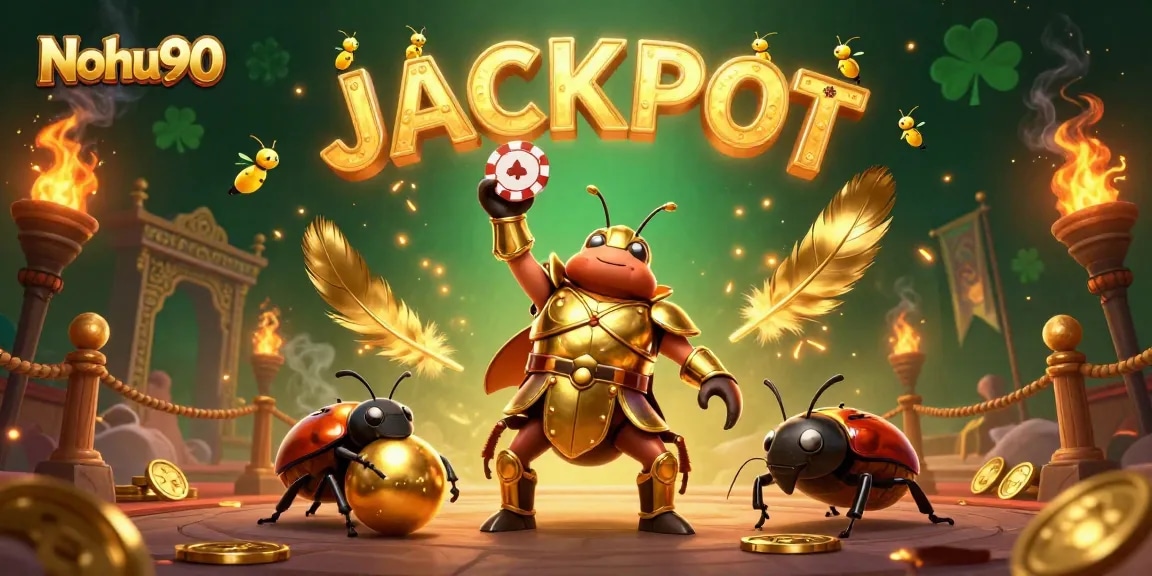 Nohu90 showcases a victorious hercules beetle at the online casino, celebrating with poker chips amid vibrant gaming elements.