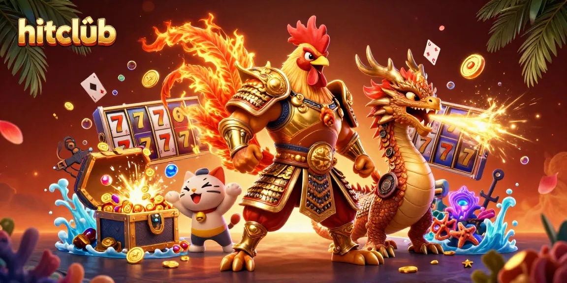 hitclub features a dynamic scene with cartoon warriors and slot reels bursting with coins