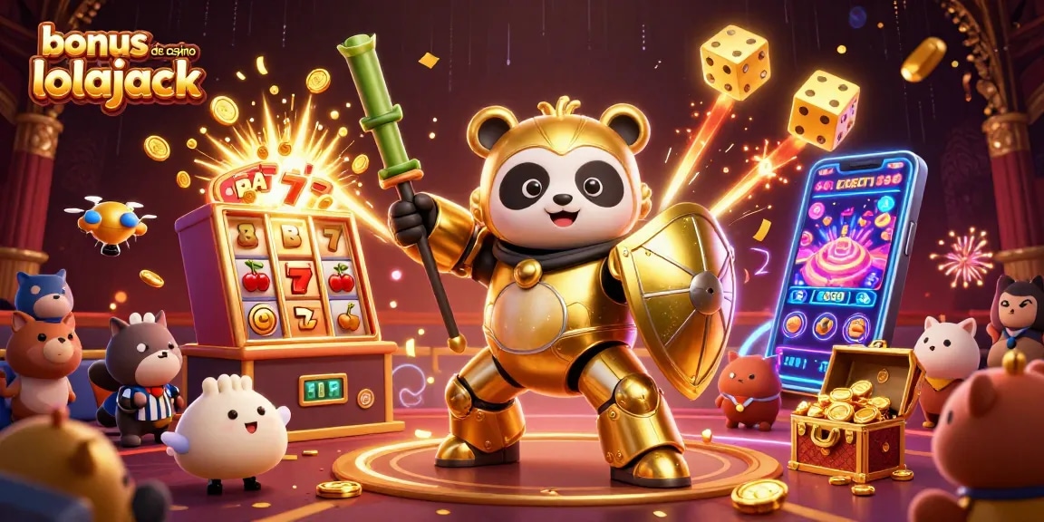 Plongez dans le bonus de casino lolajack avec un panda doré dans une arène dynamique de jeux.