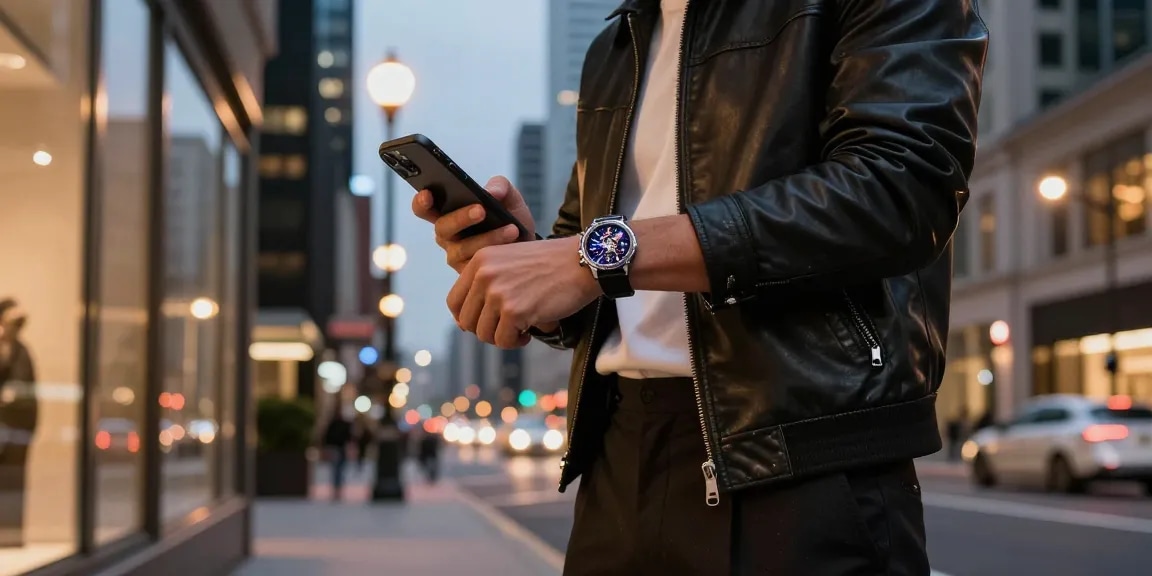 Stylish individual showcasing super clone watches in a chic urban setting, highlighting luxury and elegance.