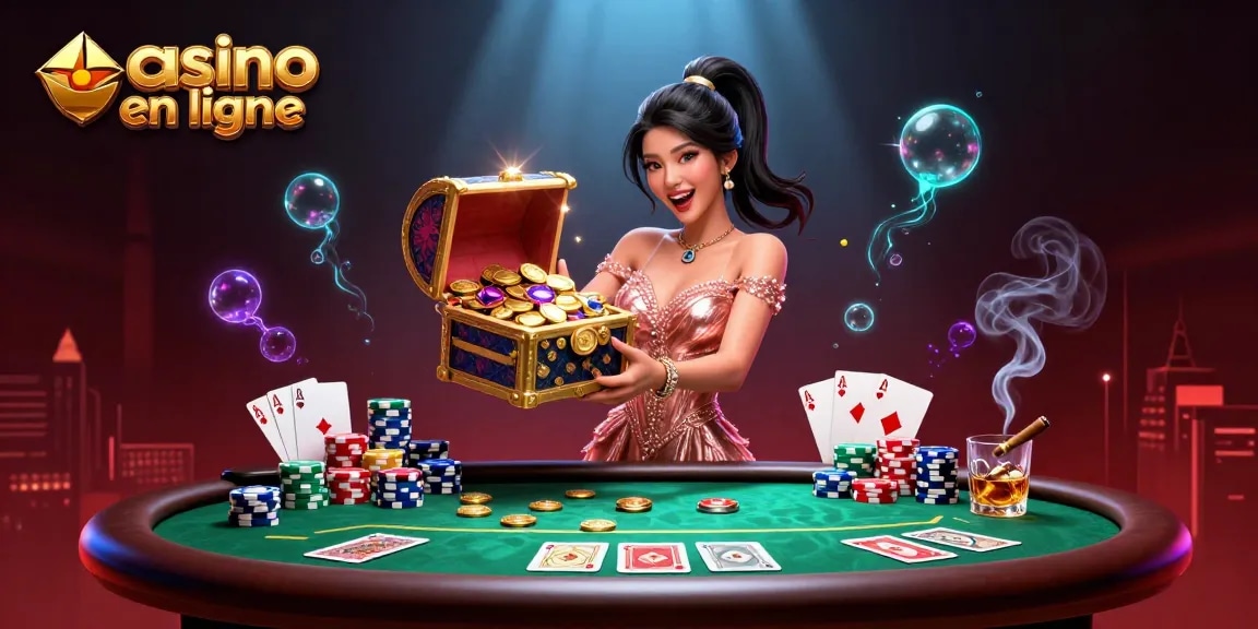 Coffre au trésor de casino en ligne débordant de pièces d'or et de pierres précieuses dans une scène de casino dynamique.