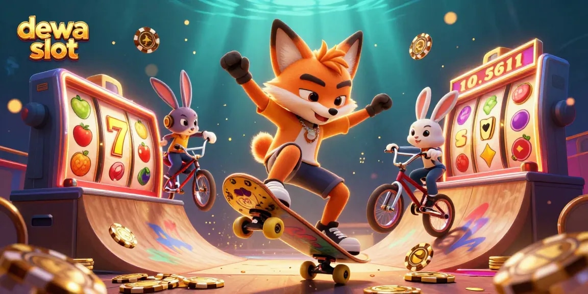 Dewa Slot showcases a vibrant 3D illustration with dynamic characters, slot reels, and sparkling casino elements.