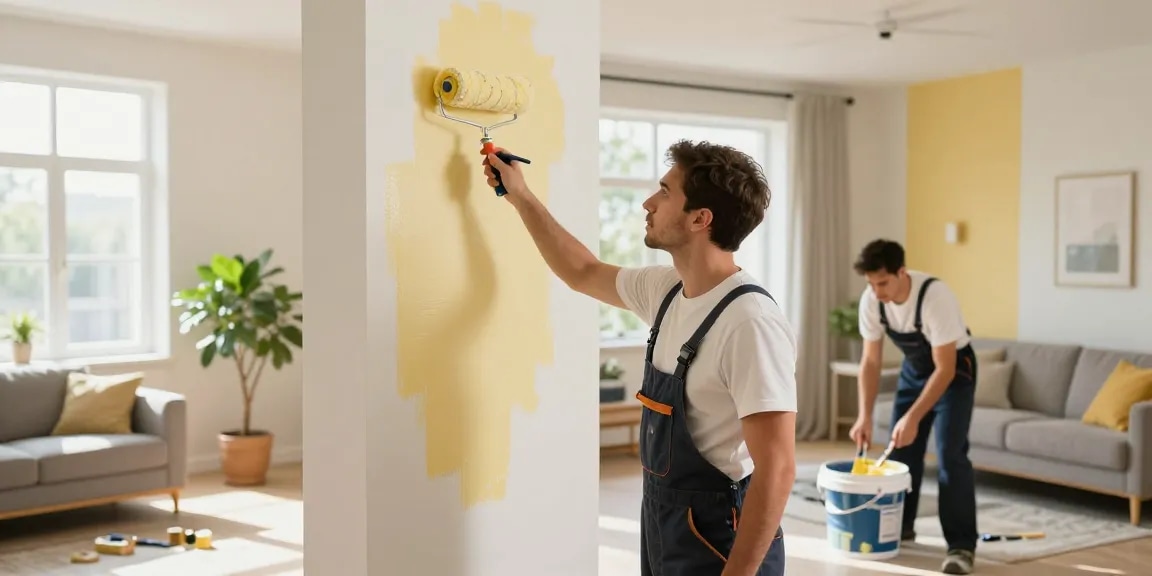 Professional painters providing high-quality painting services in a modern living room.