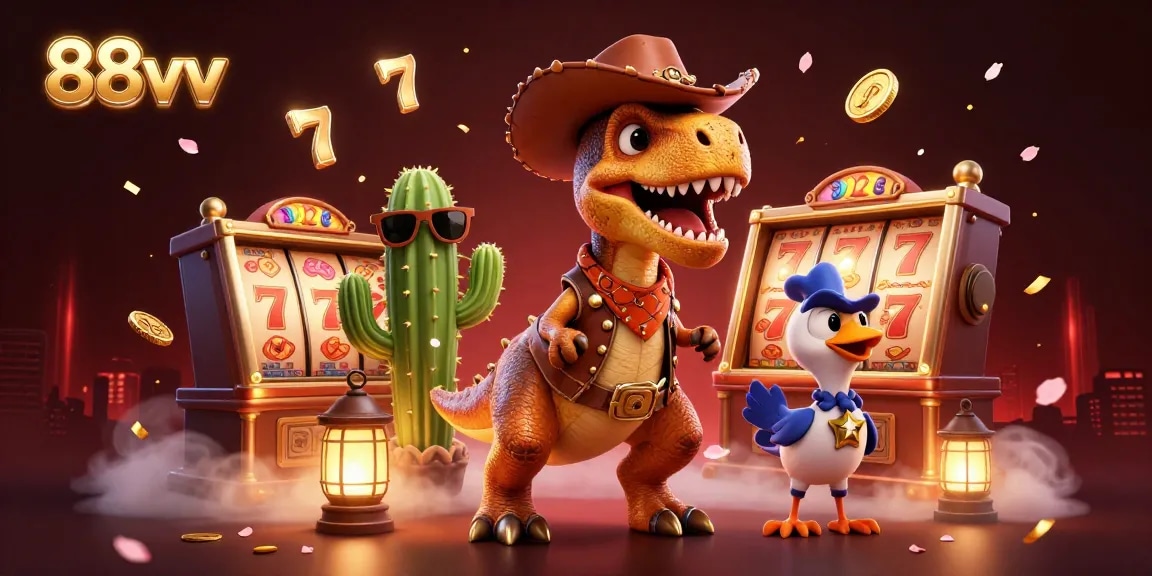 Engage with 88vv's vibrant casino scene, featuring a T-Rex, cactus sidekick, and slot reels.