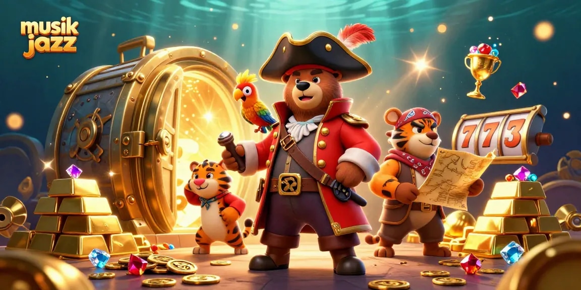 Play thrilling jackpot games with the vibrant energy of musik jazz illuminating the treasure-filled scene