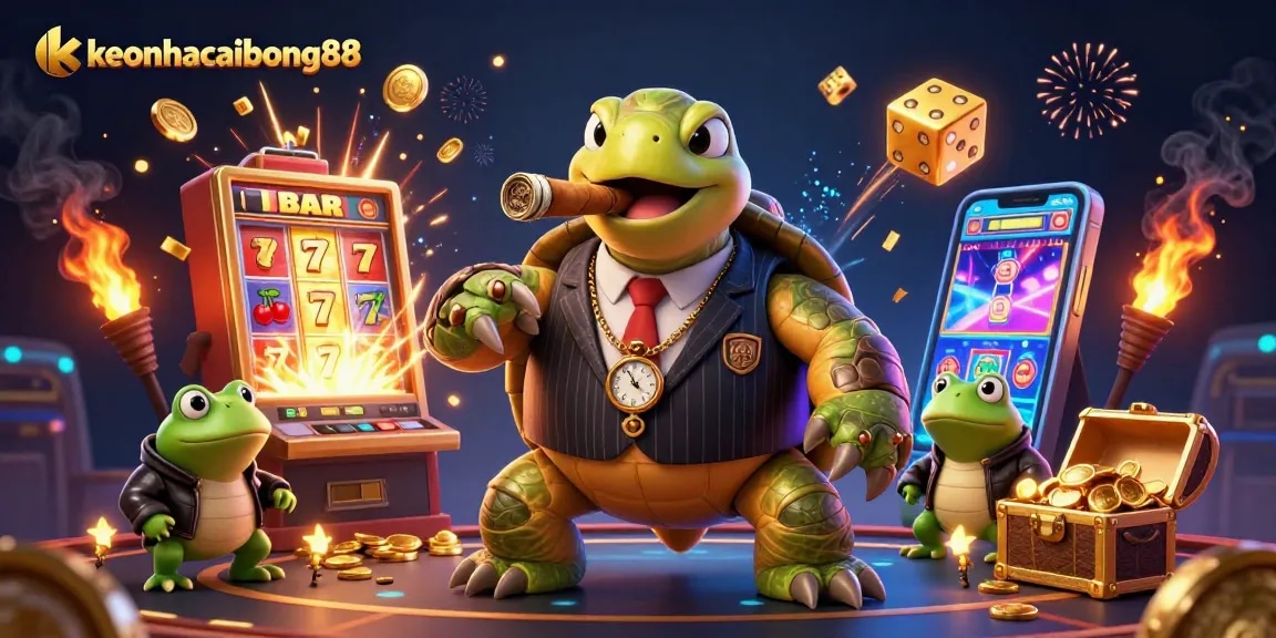 Experience keonhacaibong88 with a lively cartoon scene of a snapping turtle mobster and his bullfrog enforcers.