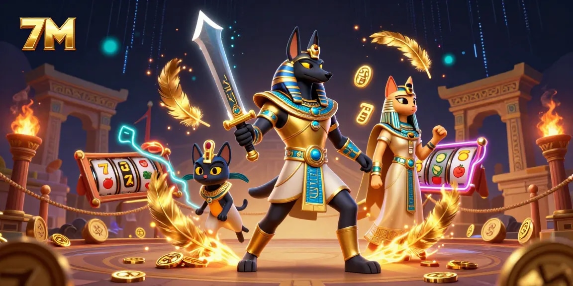 Engage with 7M in an electrifying online casino scene featuring ancient Egyptian characters