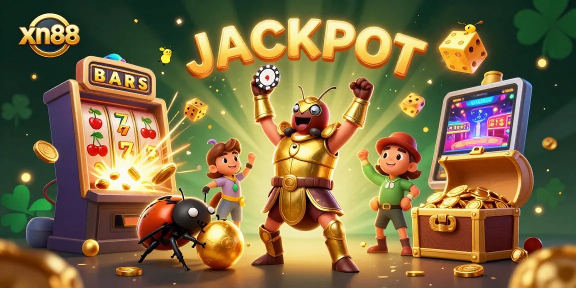 Xn88's epic jackpot scene with a heroic beetle lifting a poker chip and vibrant casino elements.
