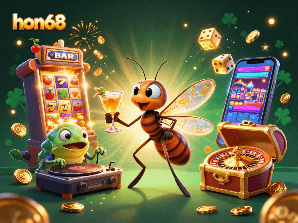 Experience the thrill of hon68 with dynamic casino elements and vibrant characters in a 3D illustration.