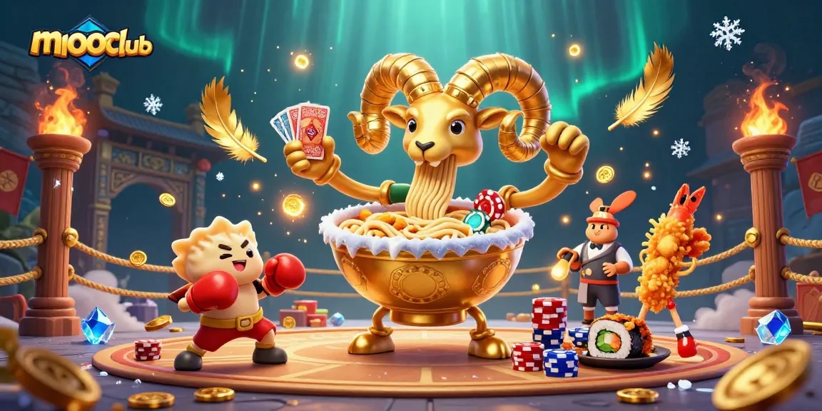 Engage in vibrant mmooclub action featuring a giant ramen bowl and playful sushi characters.