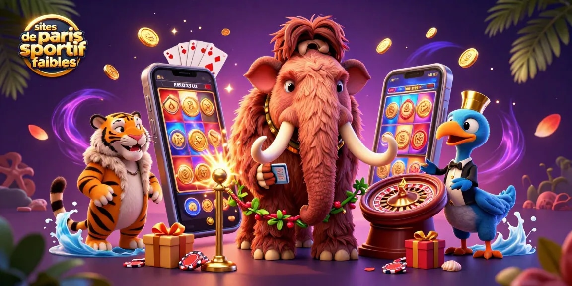 Explorant dynamiquement des sites de paris sportif fiables, les parieurs sont accueillis par un bouncer mammouth dans un casino animé.