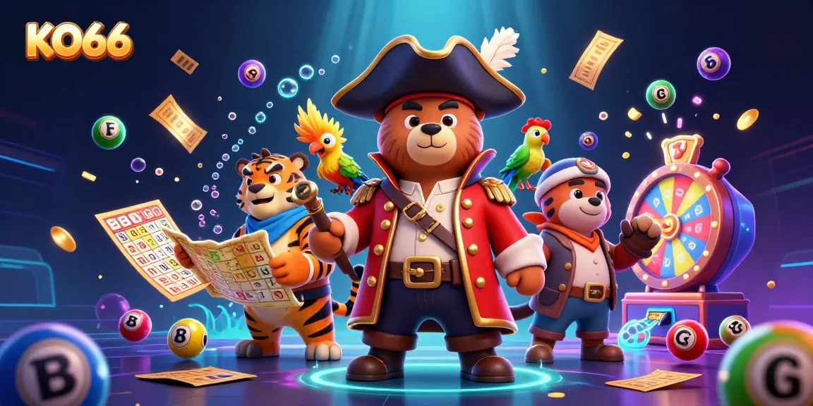 Engage with KO66's thrilling casino world featuring a cartoon pirate bear, tiger, and parrot surrounded by dynamic gaming elements.