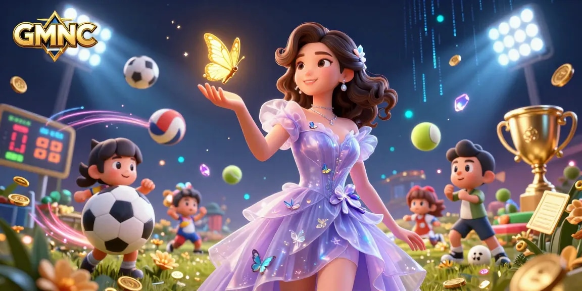 Bet new strategies with GMNC as an Asian woman engages with floating sports elements in a magical scene.