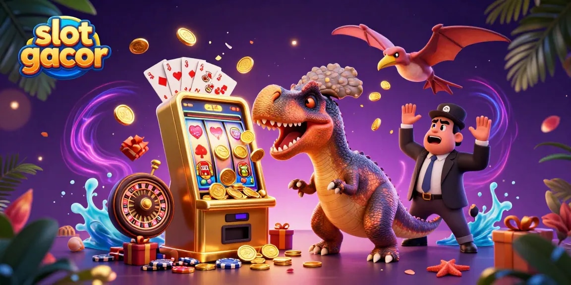 Experience slot gacor excitement as a dinosaur unleashes a jackpot from a glowing slot machine!