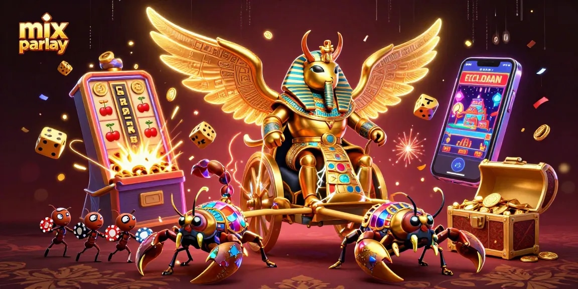 Experience mix parlay betting excitement with a golden scarab, scorpions, and casino symbols bursting with energy.