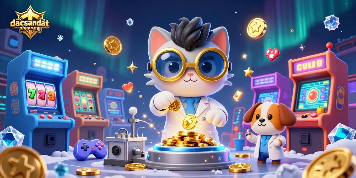 Spin and win with dacsandatphanrang featuring a cartoon scientist cat and dog in a vibrant casino scene.