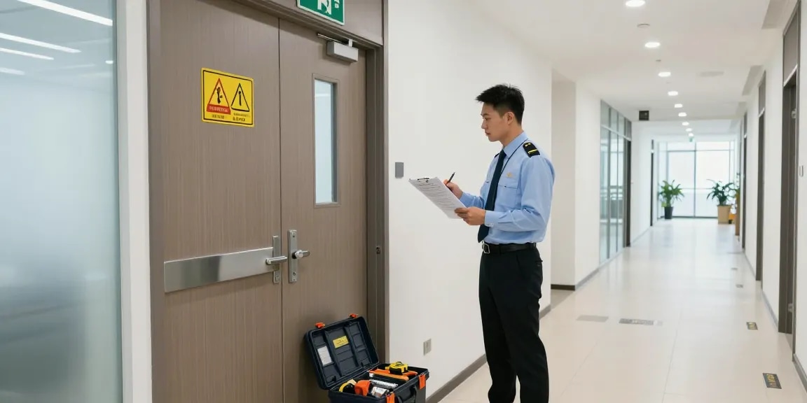 Inspector verifying safety compliance of an exit door in a commercial building environment.