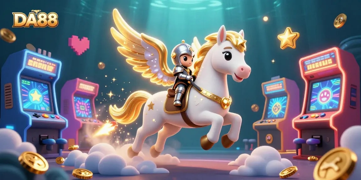Engage in thrilling gameplay on DA88 with a celestial horse and knight amid vibrant gaming elements.