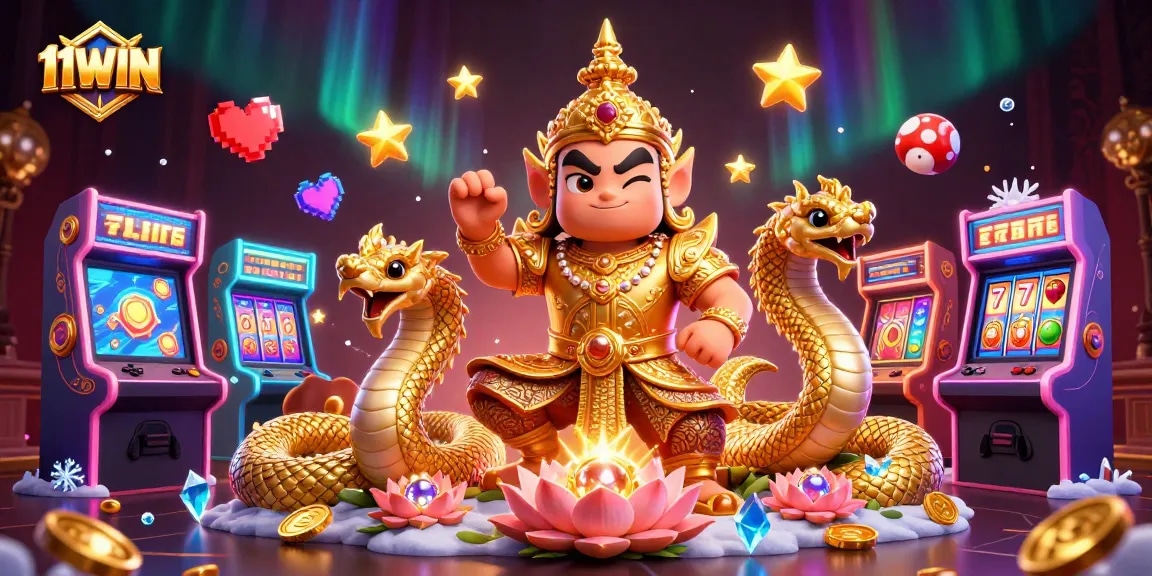 Experience vibrant gaming action with 11WIN's dynamic casino scene featuring a powerful yaksha guardian.