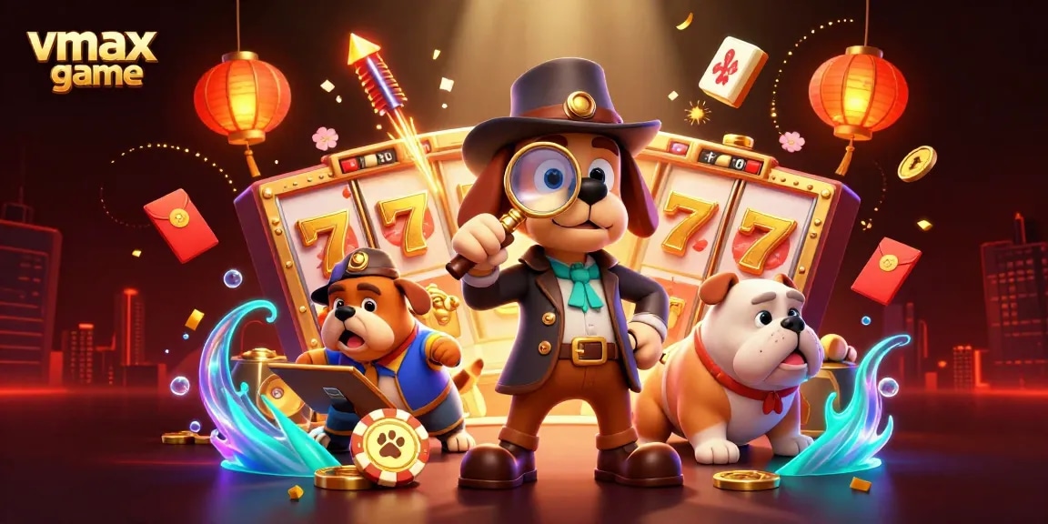 Engage in the vmax game with cartoon detective discovering treasures and casino elements.