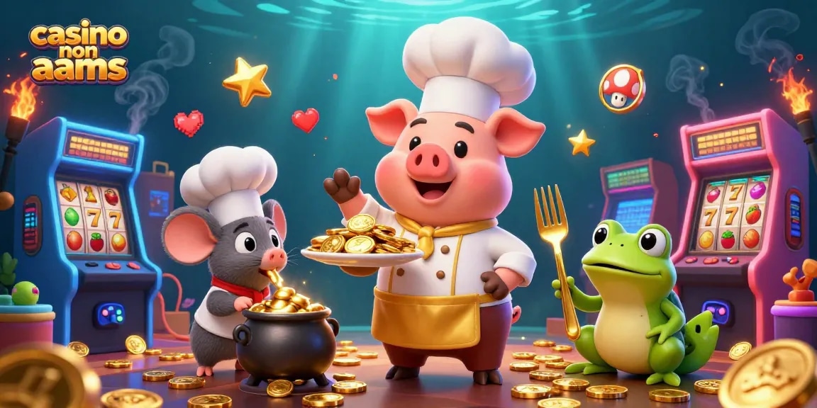 Interagisci con i casinò non AAMS attraverso una scena cartone 3D con un maiale chef, un topo sous-chef e una rana critico in mezzo a emozionanti visualizzazioni di gioco.