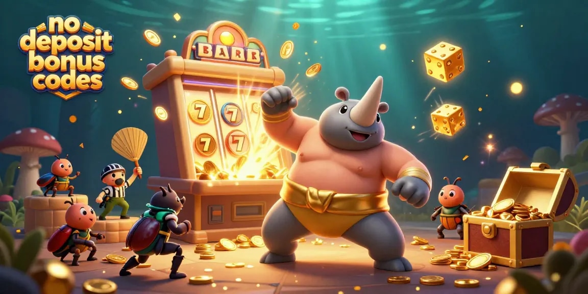 No deposit bonus codes featured in a vibrant 3D scene with characters and casino elements.
