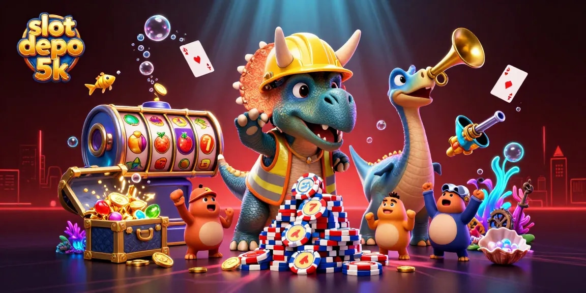 Celebrate winning at slot depo 5k with playful cartoon characters and vibrant gambling elements.