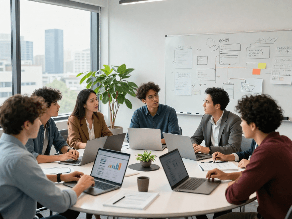 Collaborative professionals in a modern office discussing strategies related to https://koperasisantun.com/.