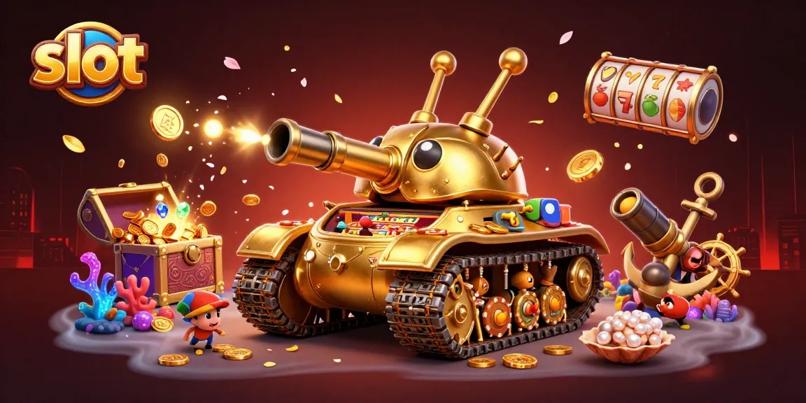 Experience thrilling slot action with a giant golden beetle tank revealing vibrant casino games.