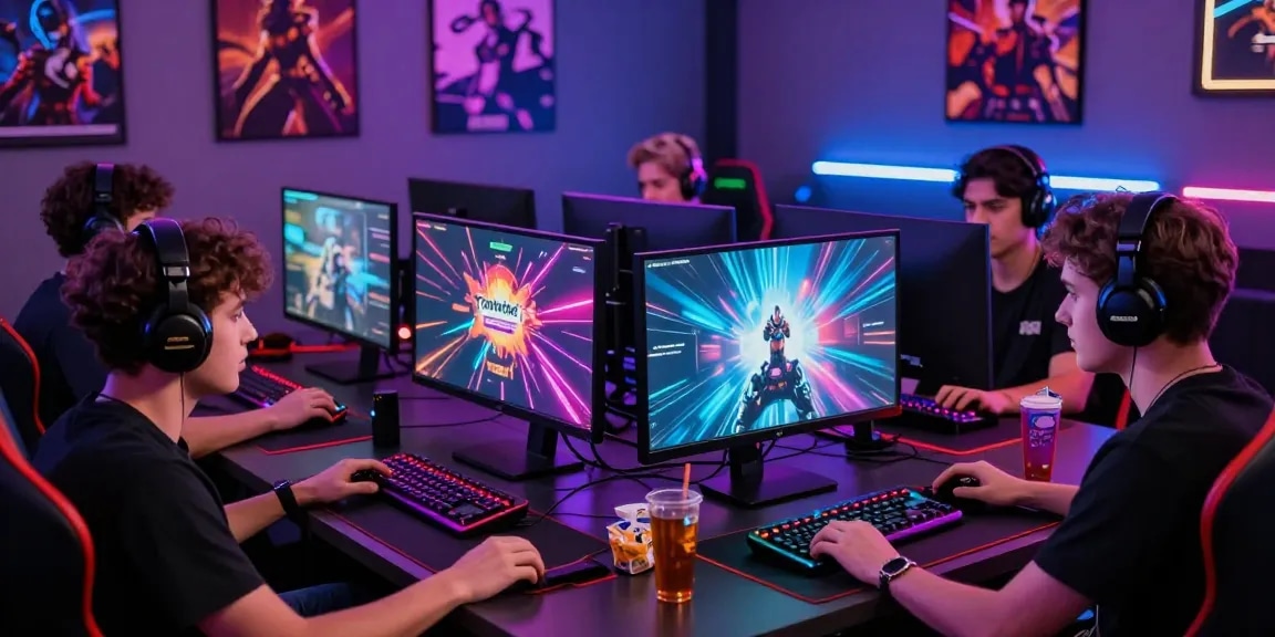 Friends enjoying tambakbet 2026 in a vibrant gaming room filled with LED lights and high-tech gear.