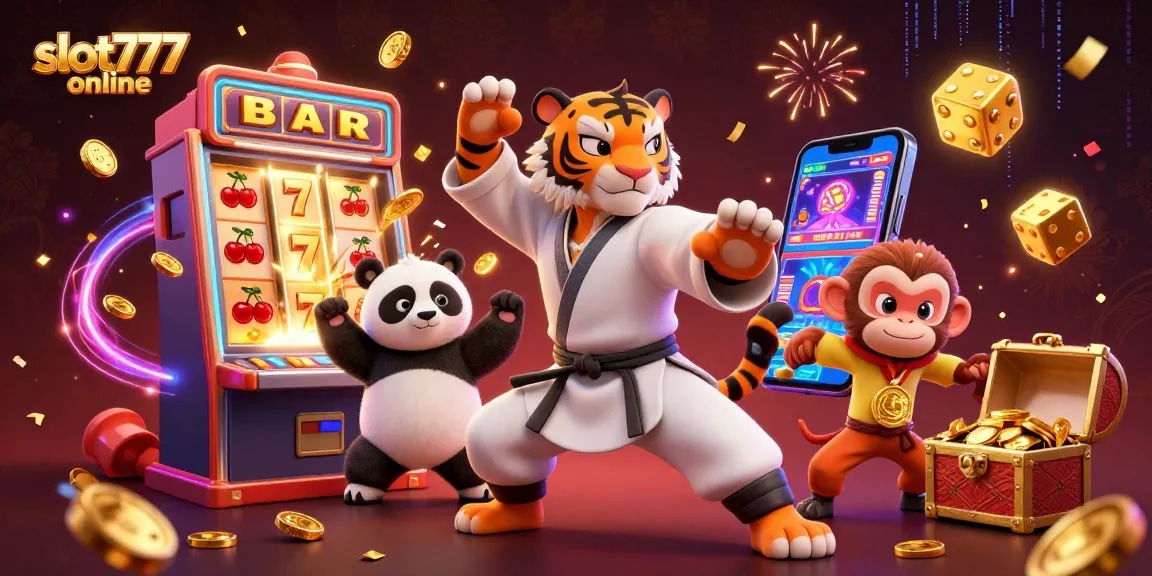 Experience excitement with slot777 online as winning symbols burst from a dynamic slot machine scene.