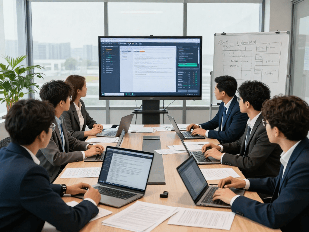 Team collaborating on document fraud detection analysis in a modern office setting.