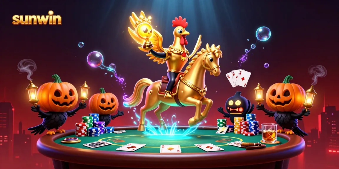 sunwin casino illustration featuring a golden rooster and poker elements with vibrant details